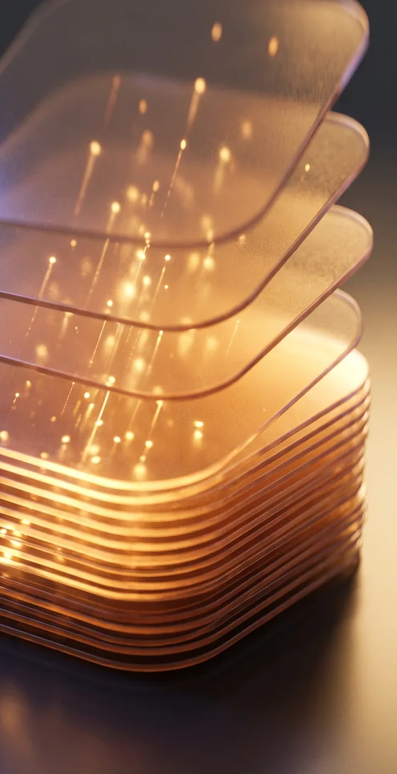A stack of translucent, glowing layers, echoing the identical layers of a Transformer