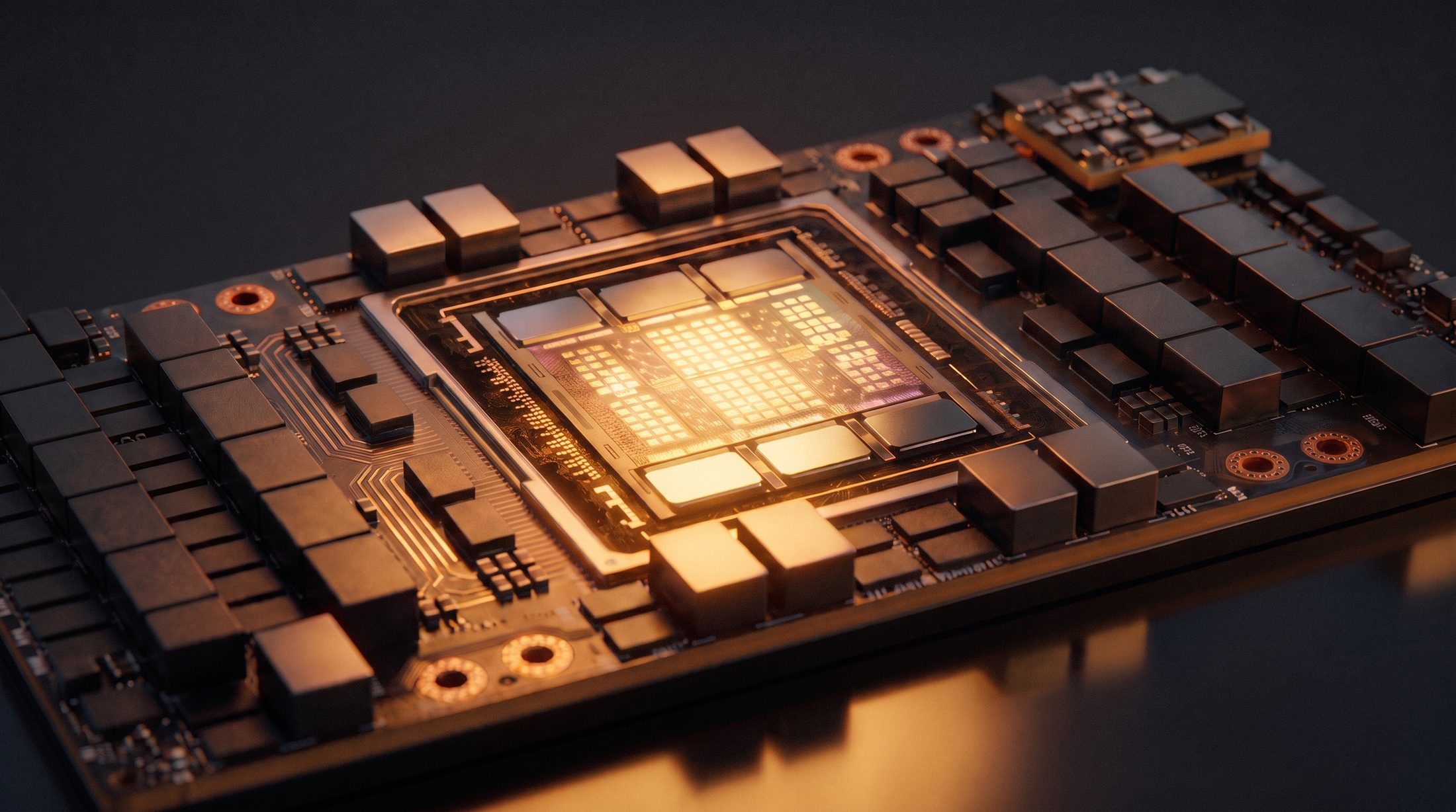 A high-end AI accelerator board on a dark surface, its silicon die glowing warm amber-gold