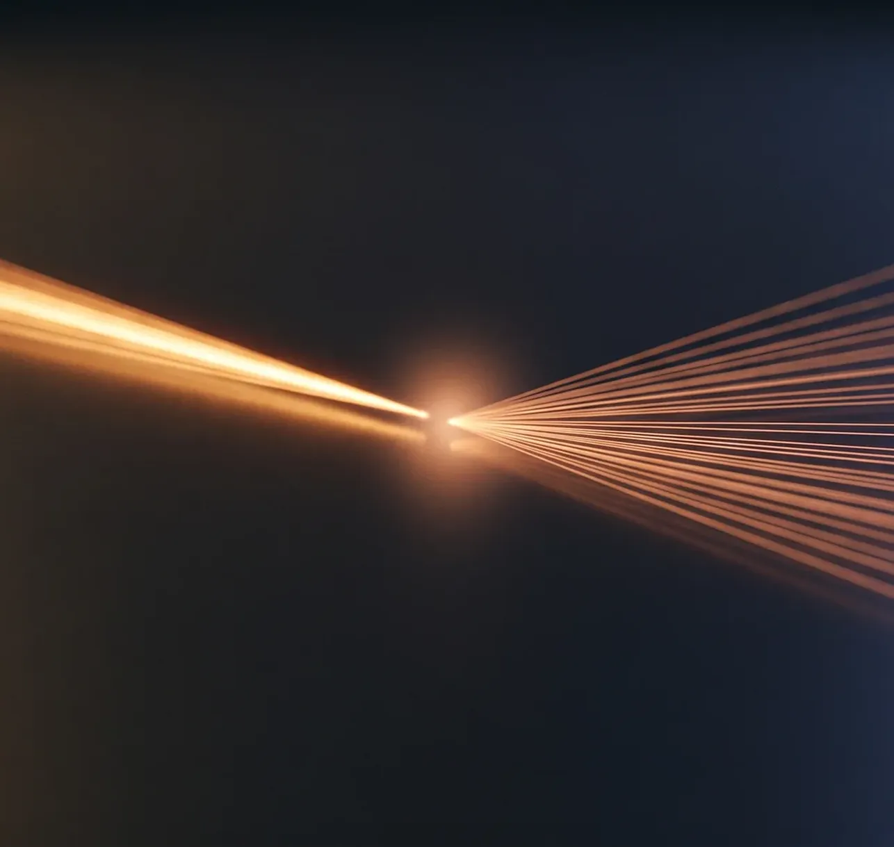 A single bright amber beam entering from the left and fanning out into dozens of thin rays across a dark blue-grey background.