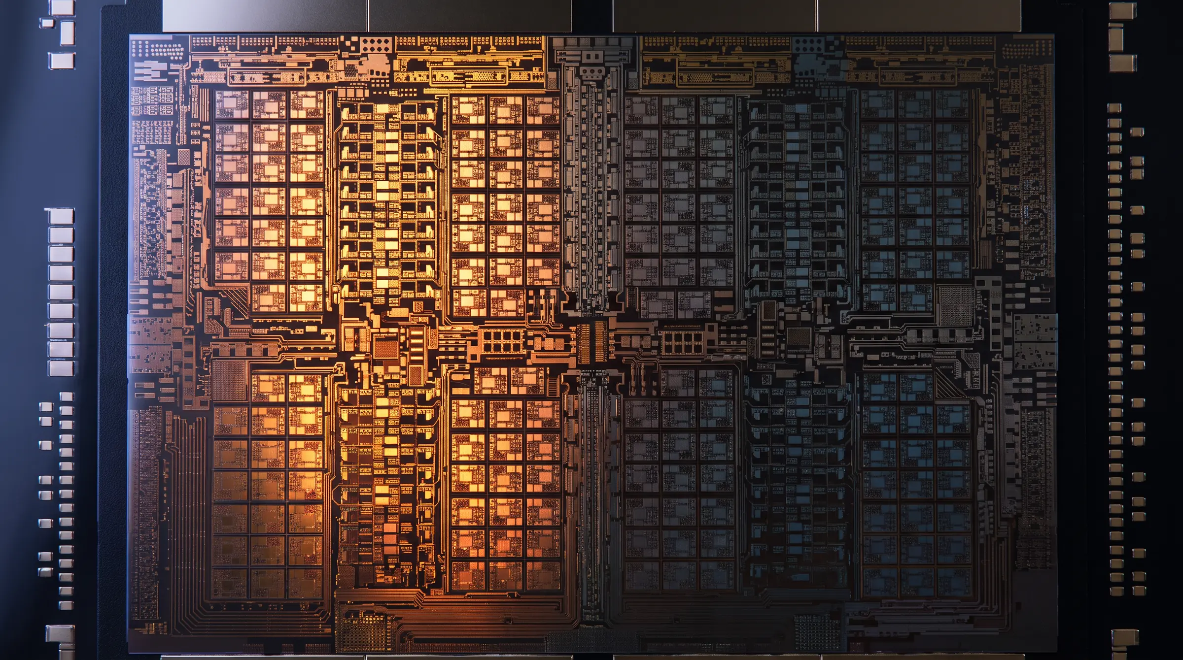 Extreme close-up of a silicon die: dense circuitry glowing warm orange on one side and cooling to blue on the other.